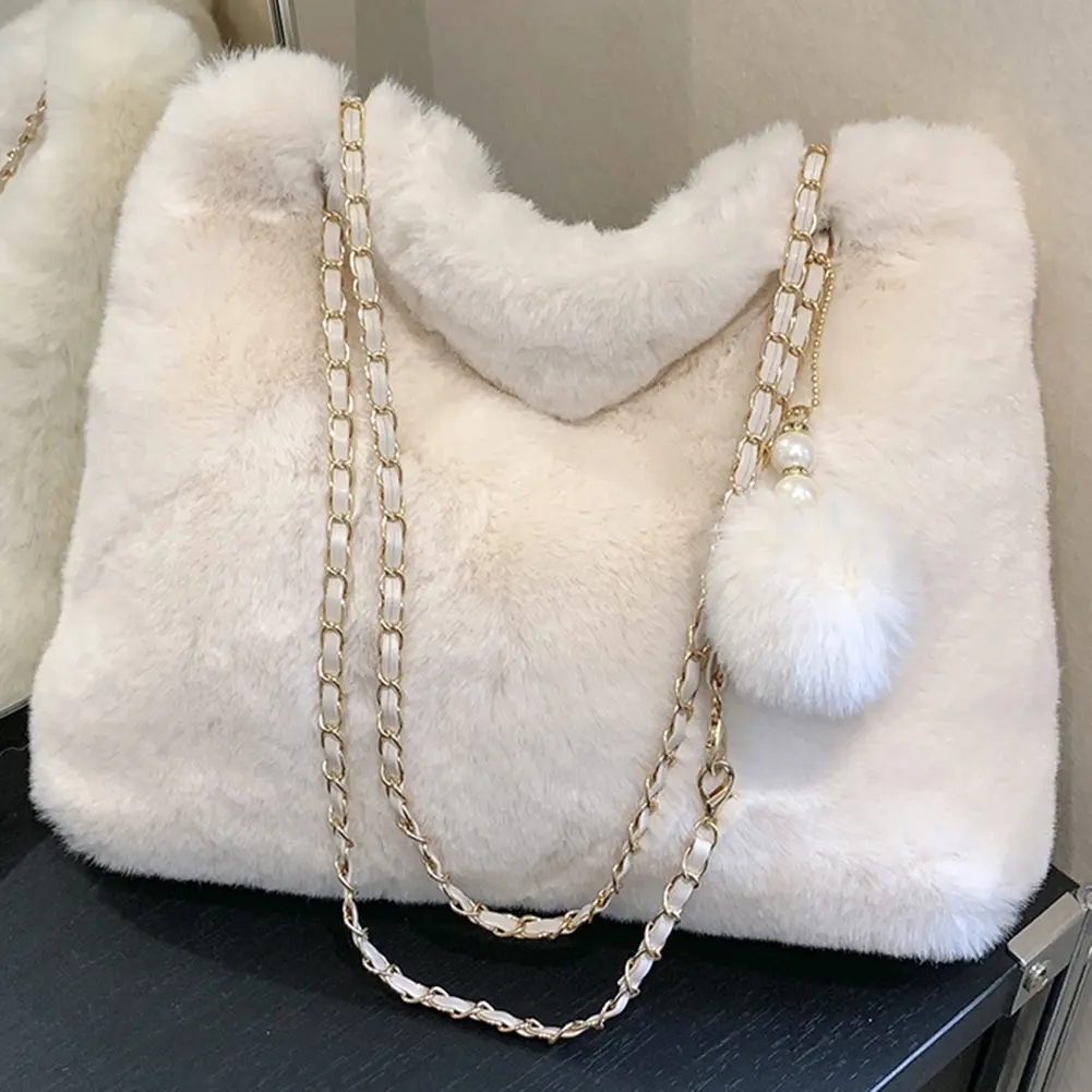 Women Fluffy Crosssbody Bag Soft Plush Satchel Bag Faux Fur with Pendant Large Capacity Female Fashion Travel Bag