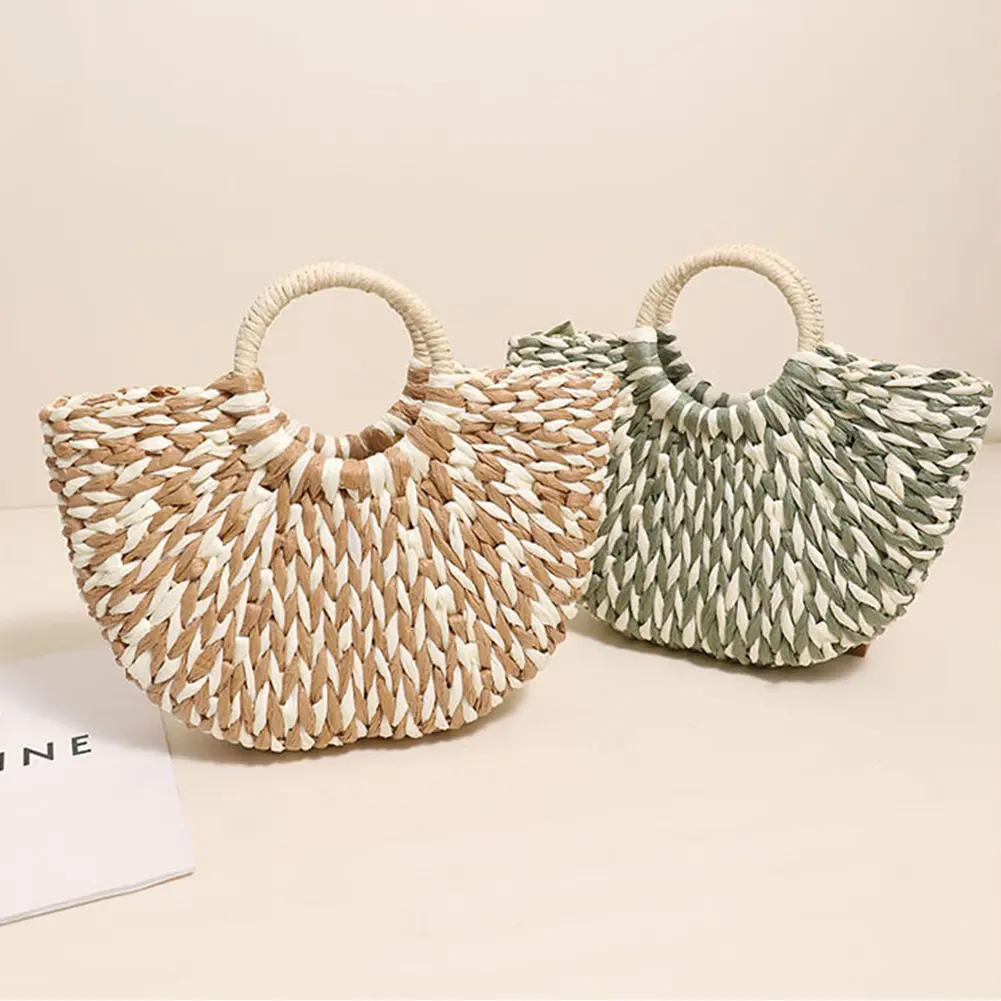Women Straw Tote Handbag Large Capacity Semi-Circle Woven Bag Color Clash Semicircle Weaving Bag Female Leisure Bag