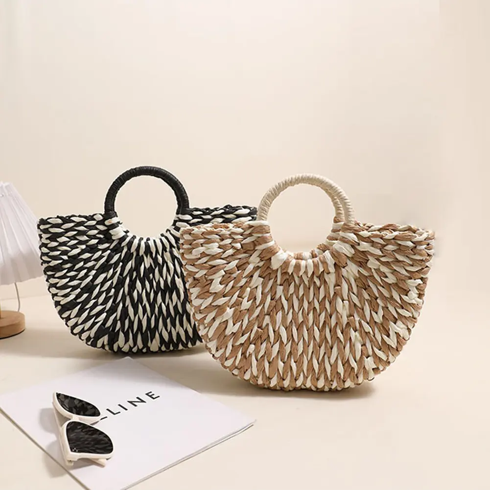 Women Straw Tote Handbag Large Capacity Semi-Circle Woven Bag Color Clash Semicircle Weaving Bag Female Leisure Bag