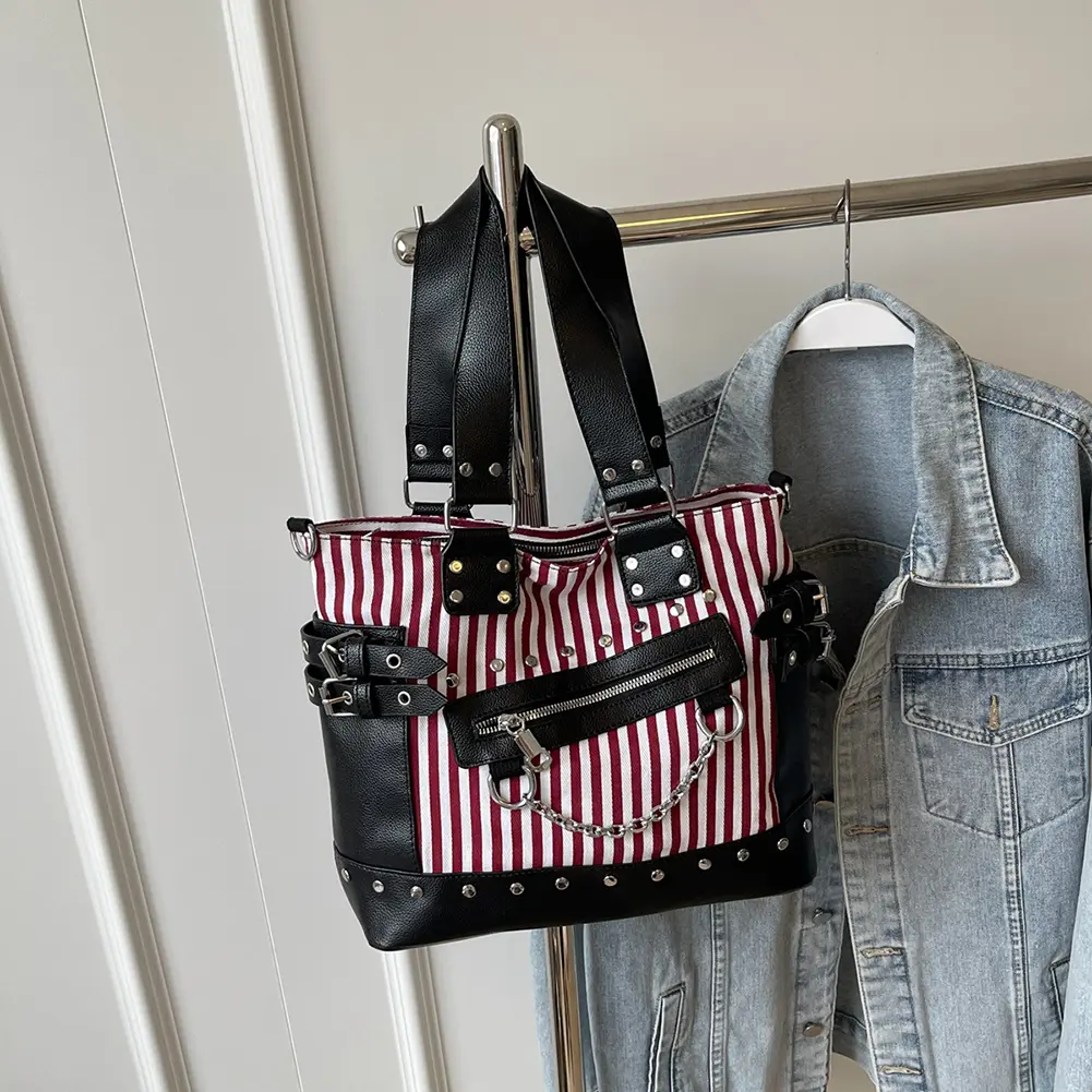Women Rivet Shoulder Bag Fashion Patchwork Handbag Large Capacity Canvas Tote Handbag Striped Adjustable Strap Cool Satchel Bag