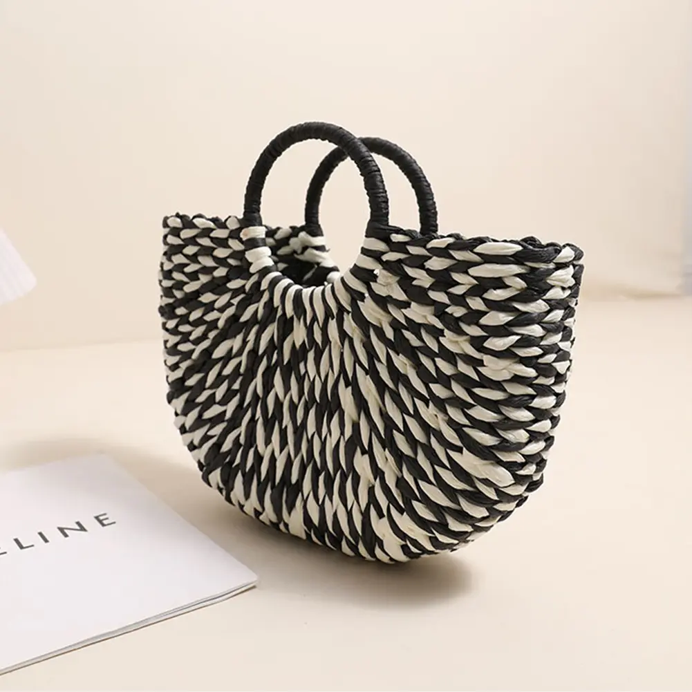 Women Straw Tote Handbag Large Capacity Semi-Circle Woven Bag Color Clash Semicircle Weaving Bag Female Leisure Bag