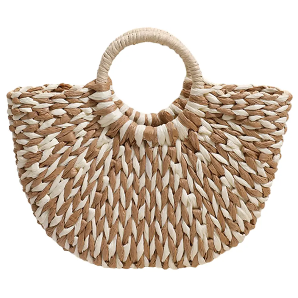 Women Straw Tote Handbag Large Capacity Semi-Circle Woven Bag Color Clash Semicircle Weaving Bag Female Leisure Bag