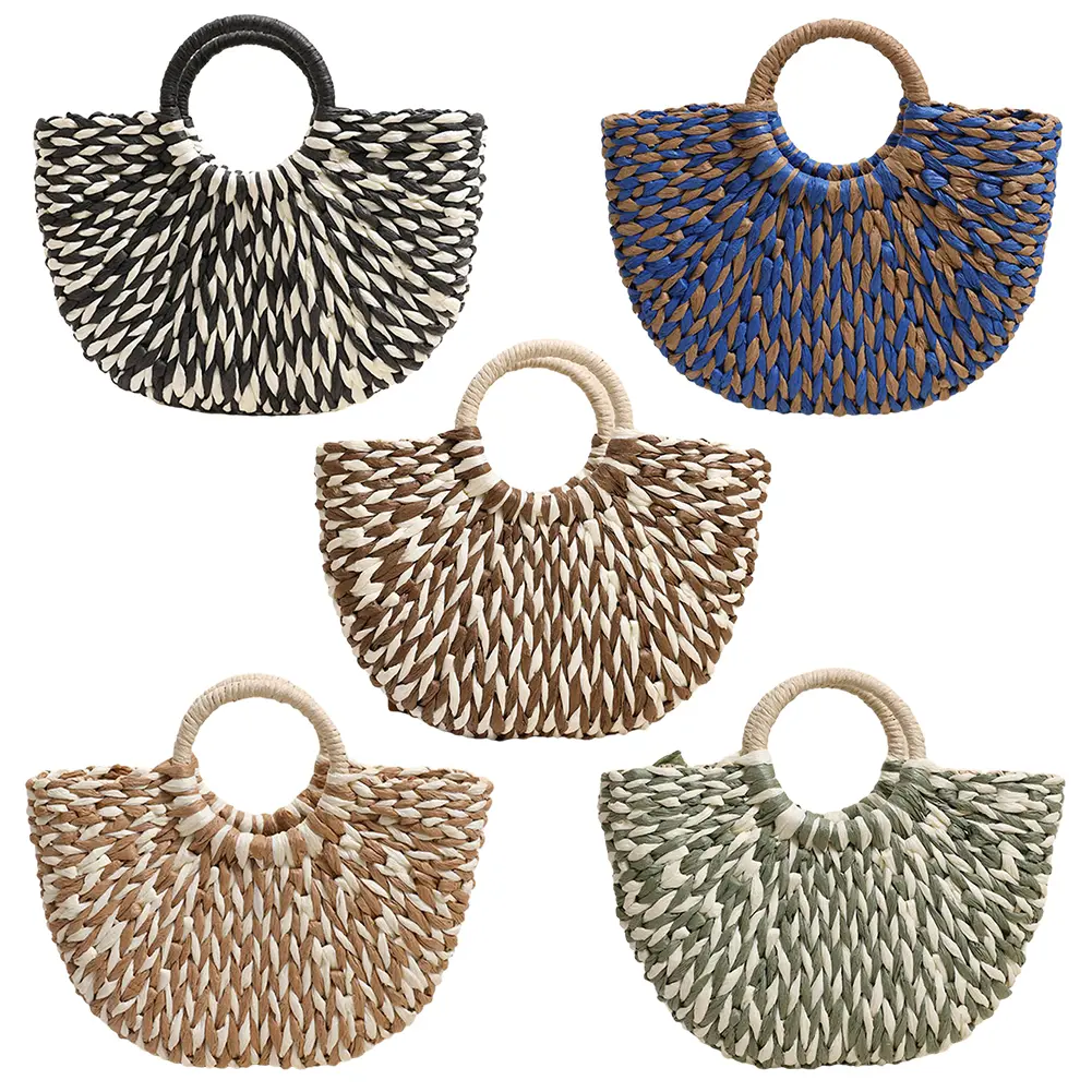 Women Straw Tote Handbag Large Capacity Semi-Circle Woven Bag Color Clash Semicircle Weaving Bag Female Leisure Bag