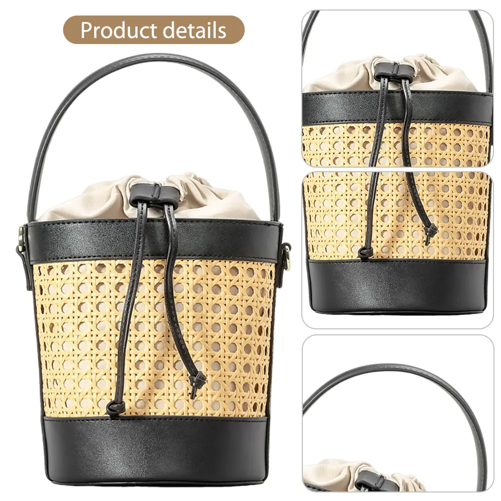 Straw Beach Bag PU Leather Summer Hollow Shoulder Bag Vacation Bag Holiday Travel Handbag for Women
