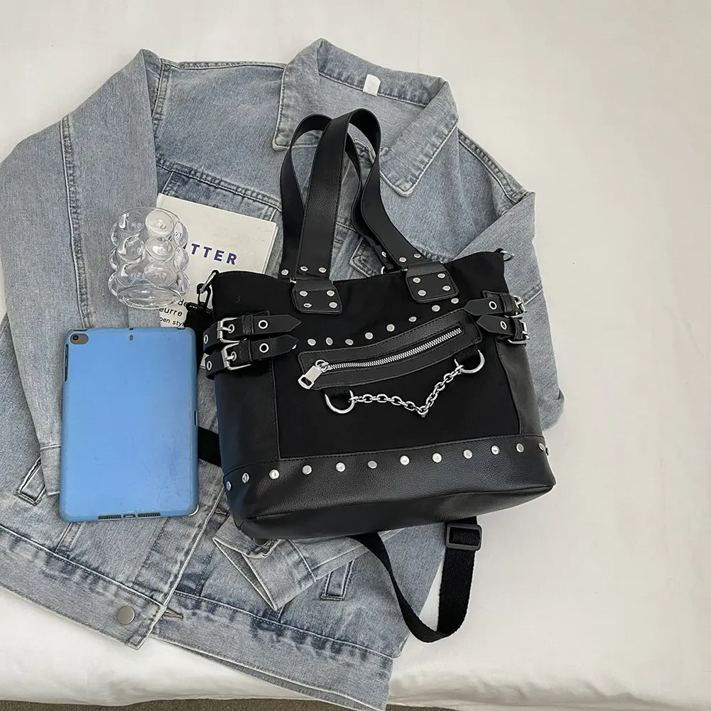 Women Rivet Shoulder Bag Fashion Patchwork Handbag Large Capacity Canvas Tote Handbag Striped Adjustable Strap Cool Satchel Bag