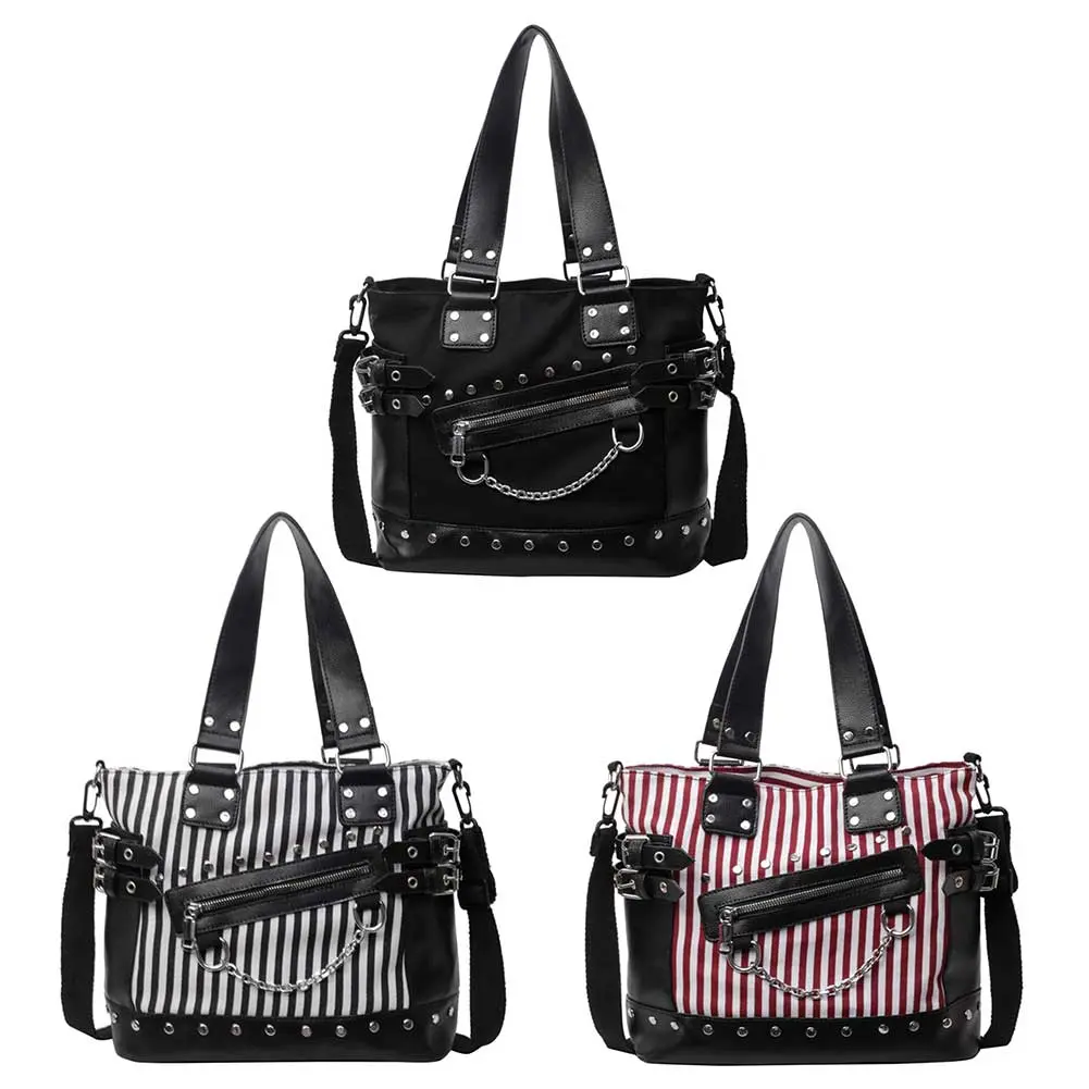 Women Rivet Shoulder Bag Fashion Patchwork Handbag Large Capacity Canvas Tote Handbag Striped Adjustable Strap Cool Satchel Bag