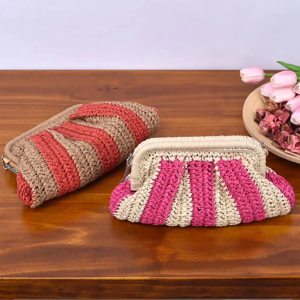 Straw Clutch Handbag Handmade Clutch Purse Summer Beach Bag Striped Woven Handbag Designer Weaving Pouch for Evening Party