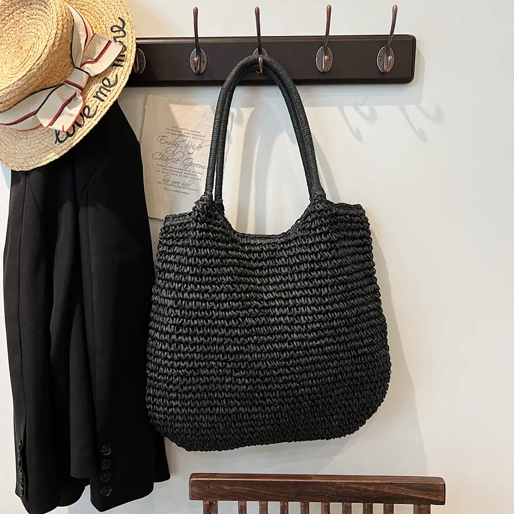 Women Straw Tote Handbag Large Capacity Vintage Shoulder Bag Solid Color Simple Weaving Handbag Ladies Summer Daily Bag