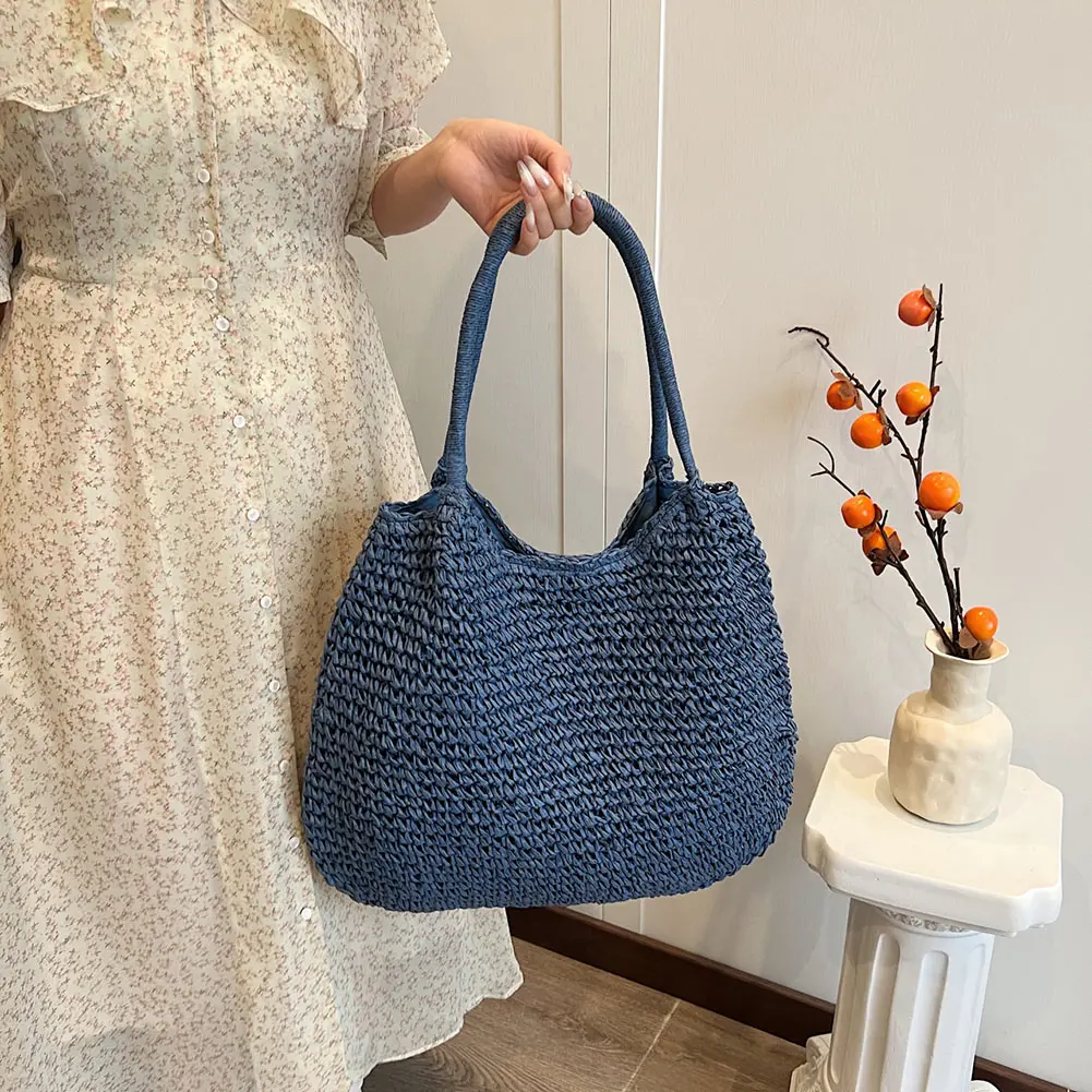 Women Straw Tote Handbag Large Capacity Vintage Shoulder Bag Solid Color Simple Weaving Handbag Ladies Summer Daily Bag
