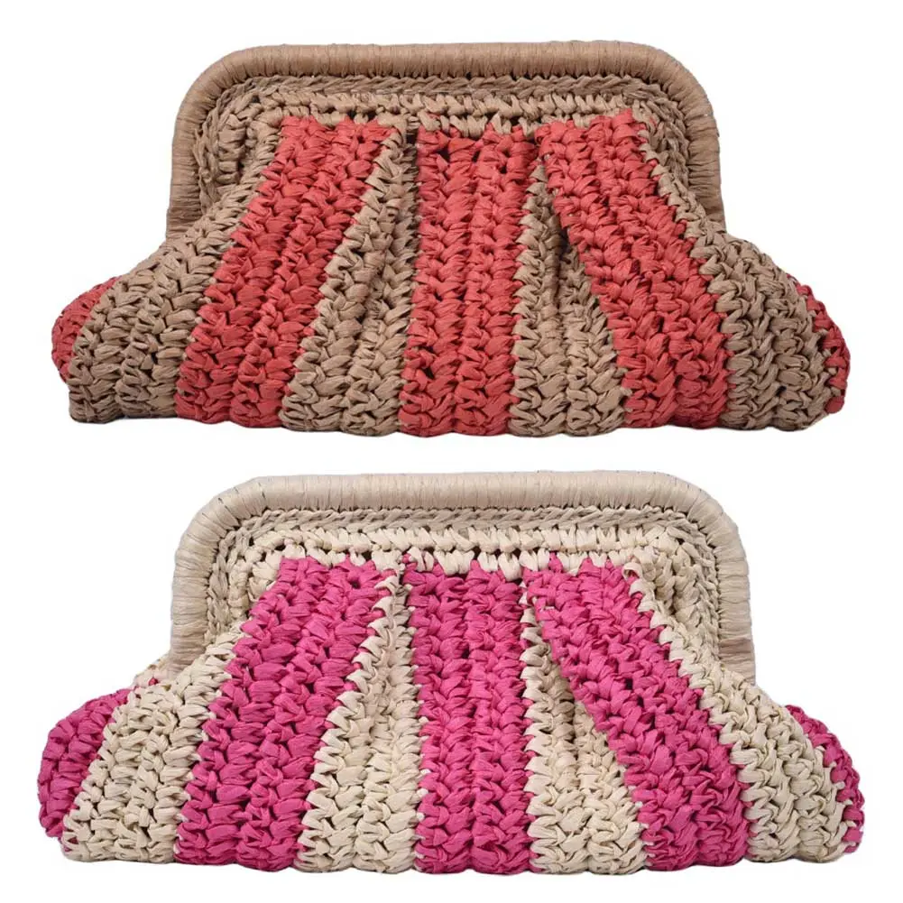 Straw Clutch Handbag Handmade Clutch Purse Summer Beach Bag Striped Woven Handbag Designer Weaving Pouch for Evening Party