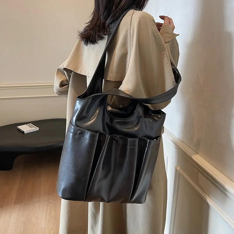 Tote Bag for Women Large Capacity Shoulder Bag PU Leather W/Pockets Bucket Purse Solid Color Handbag Travel Shopping Bag