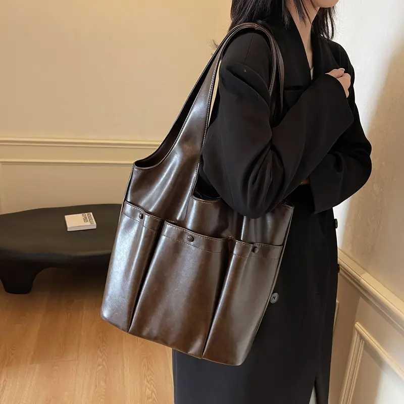 Tote Bag for Women Large Capacity Shoulder Bag PU Leather W/Pockets Bucket Purse Solid Color Handbag Travel Shopping Bag