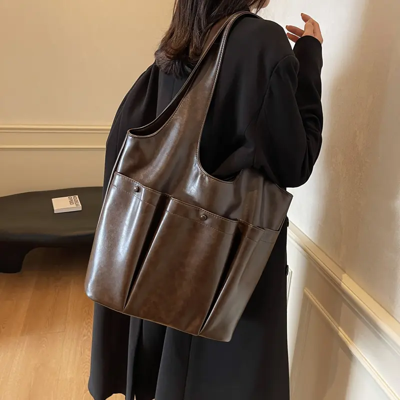 Tote Bag for Women Large Capacity Shoulder Bag PU Leather W/Pockets Bucket Purse Solid Color Handbag Travel Shopping Bag
