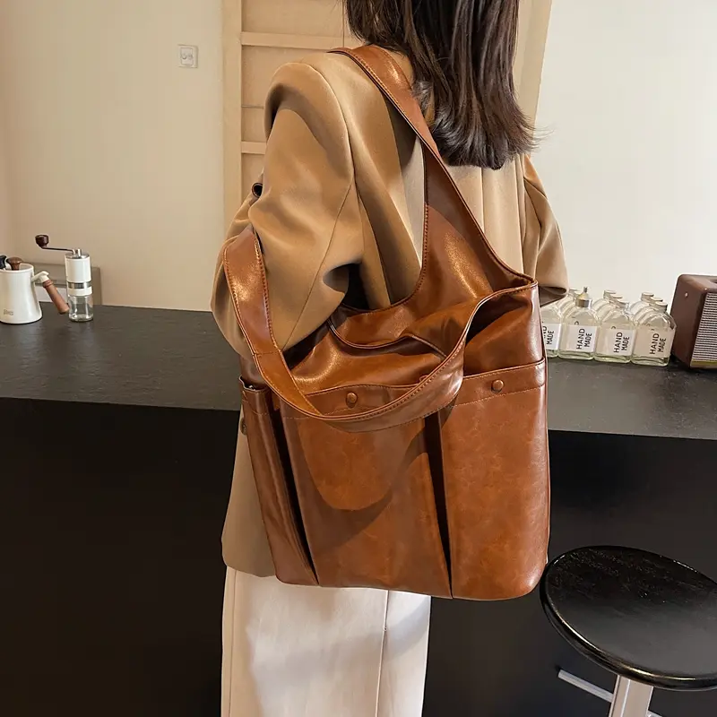 Tote Bag for Women Large Capacity Shoulder Bag PU Leather W/Pockets Bucket Purse Solid Color Handbag Travel Shopping Bag