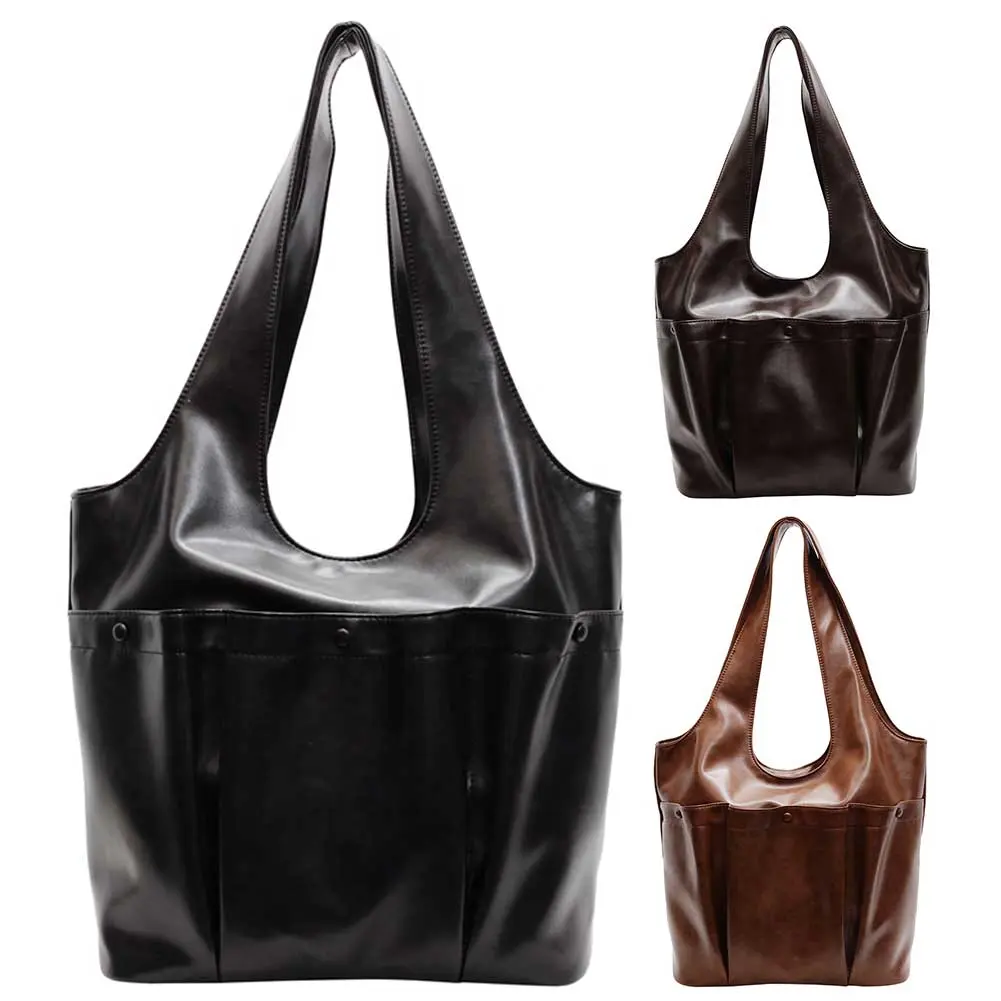 Tote Bag for Women Large Capacity Shoulder Bag PU Leather W/Pockets Bucket Purse Solid Color Handbag Travel Shopping Bag