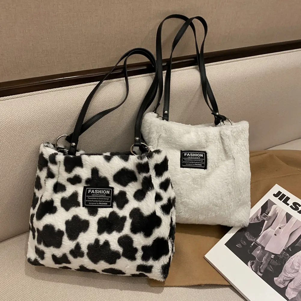 Women Furry Shoulder Bag Casual Fluffy Satchel Bag Zebra/Cow Pattern Cute Tote Handbag Fuzzy Hobo Bag Girl Stylish Purse