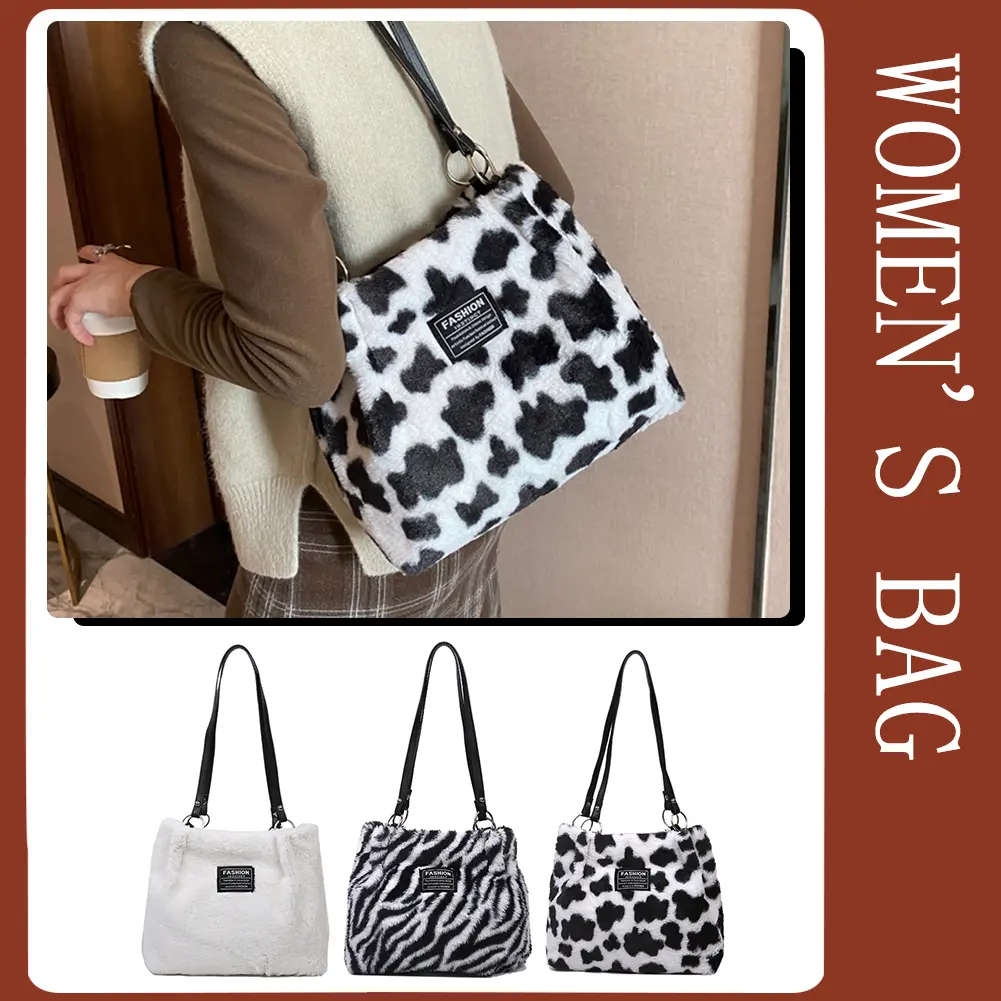 Women Furry Shoulder Bag Casual Fluffy Satchel Bag Zebra/Cow Pattern Cute Tote Handbag Fuzzy Hobo Bag Girl Stylish Purse