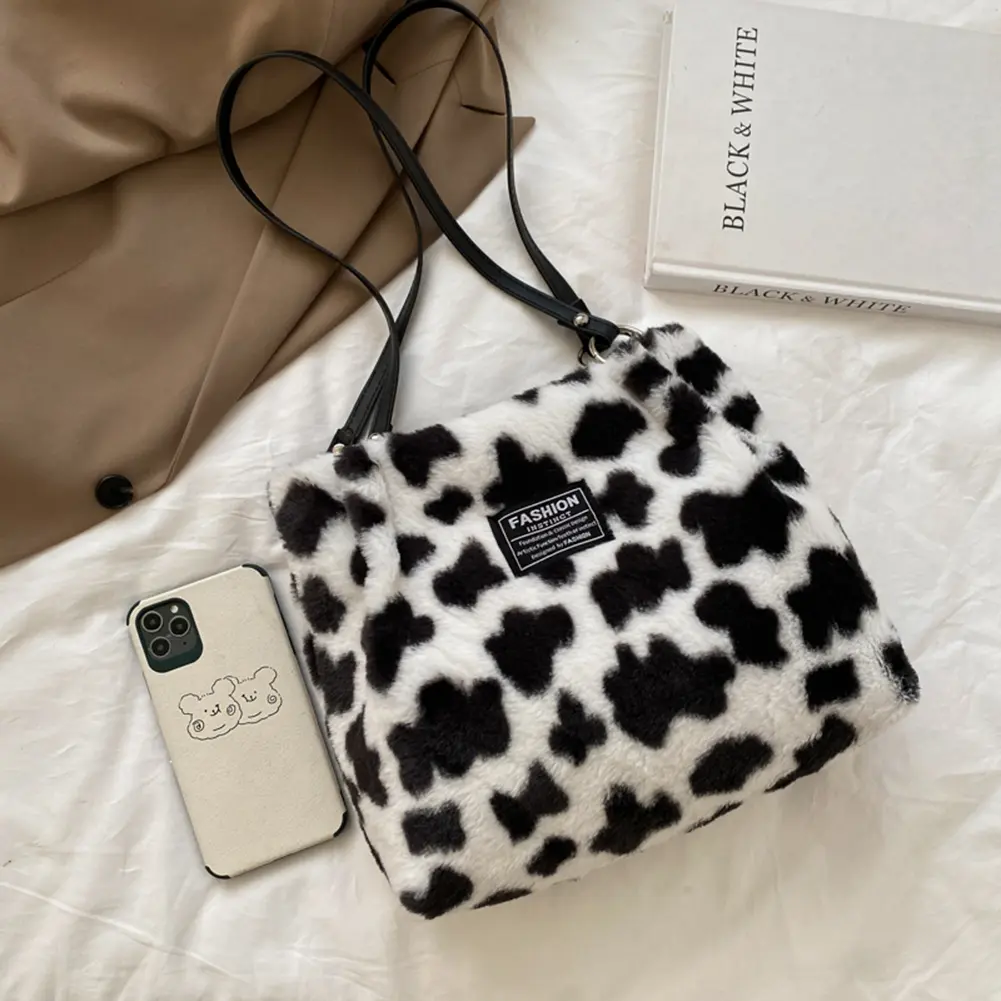 Women Furry Shoulder Bag Casual Fluffy Satchel Bag Zebra/Cow Pattern Cute Tote Handbag Fuzzy Hobo Bag Girl Stylish Purse