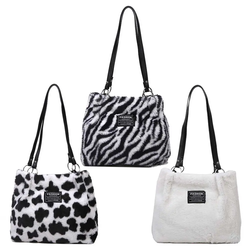 Women Furry Shoulder Bag Casual Fluffy Satchel Bag Zebra/Cow Pattern Cute Tote Handbag Fuzzy Hobo Bag Girl Stylish Purse