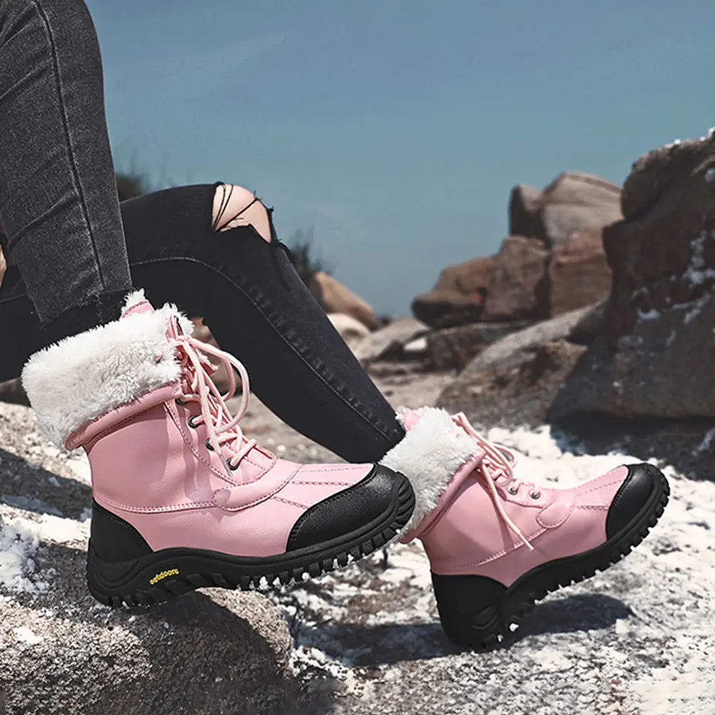 Womens Mid Calf Booties Fur-lined Winter Snow Boots Waterproof Warm Boots Lace Up Shoes for Outdoor
