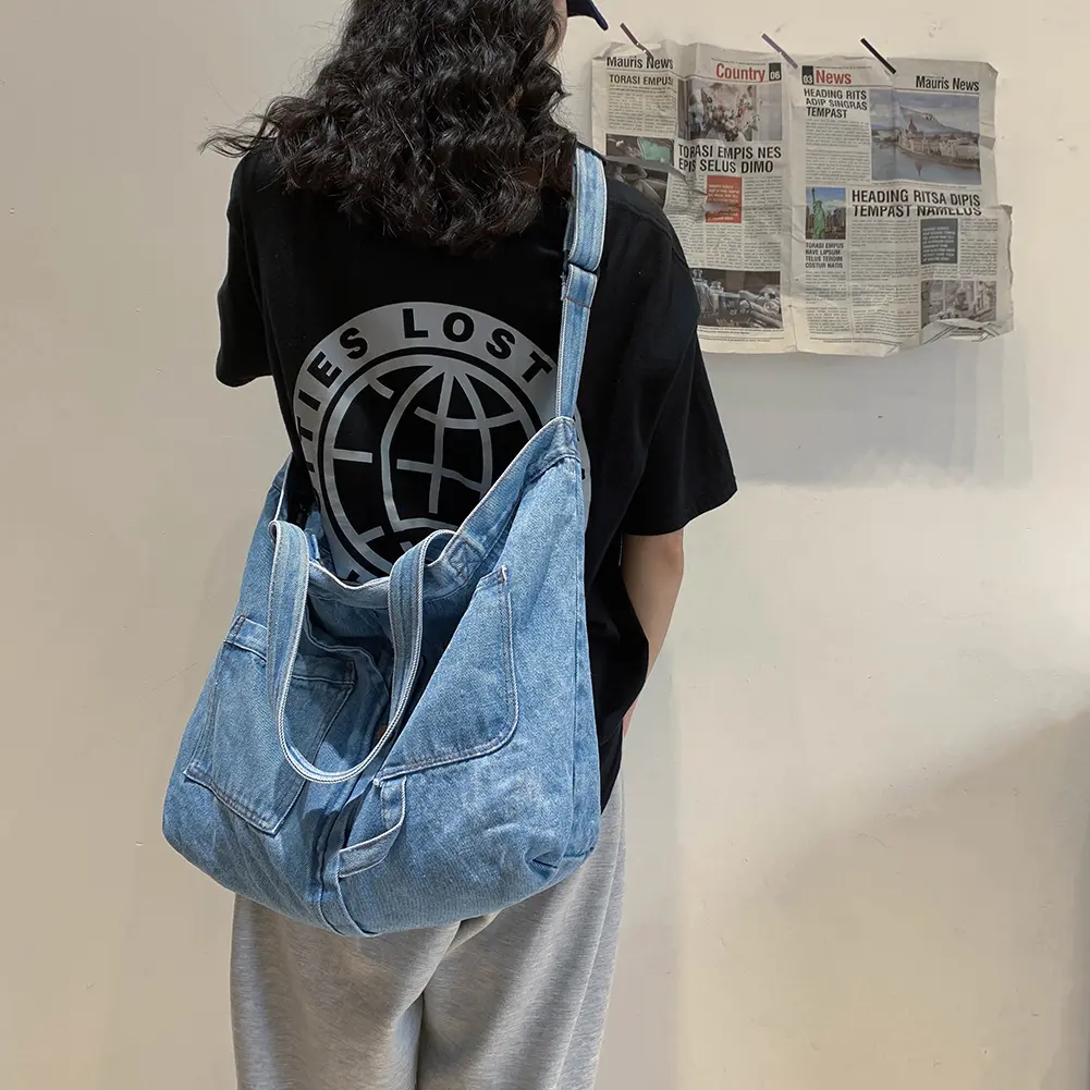Casual Shoulder Bag Denim Fashion Shoulder Messenger Bag Large Capacity Top-Handle Bag Vintage Pocket for Travel Tote Satchels