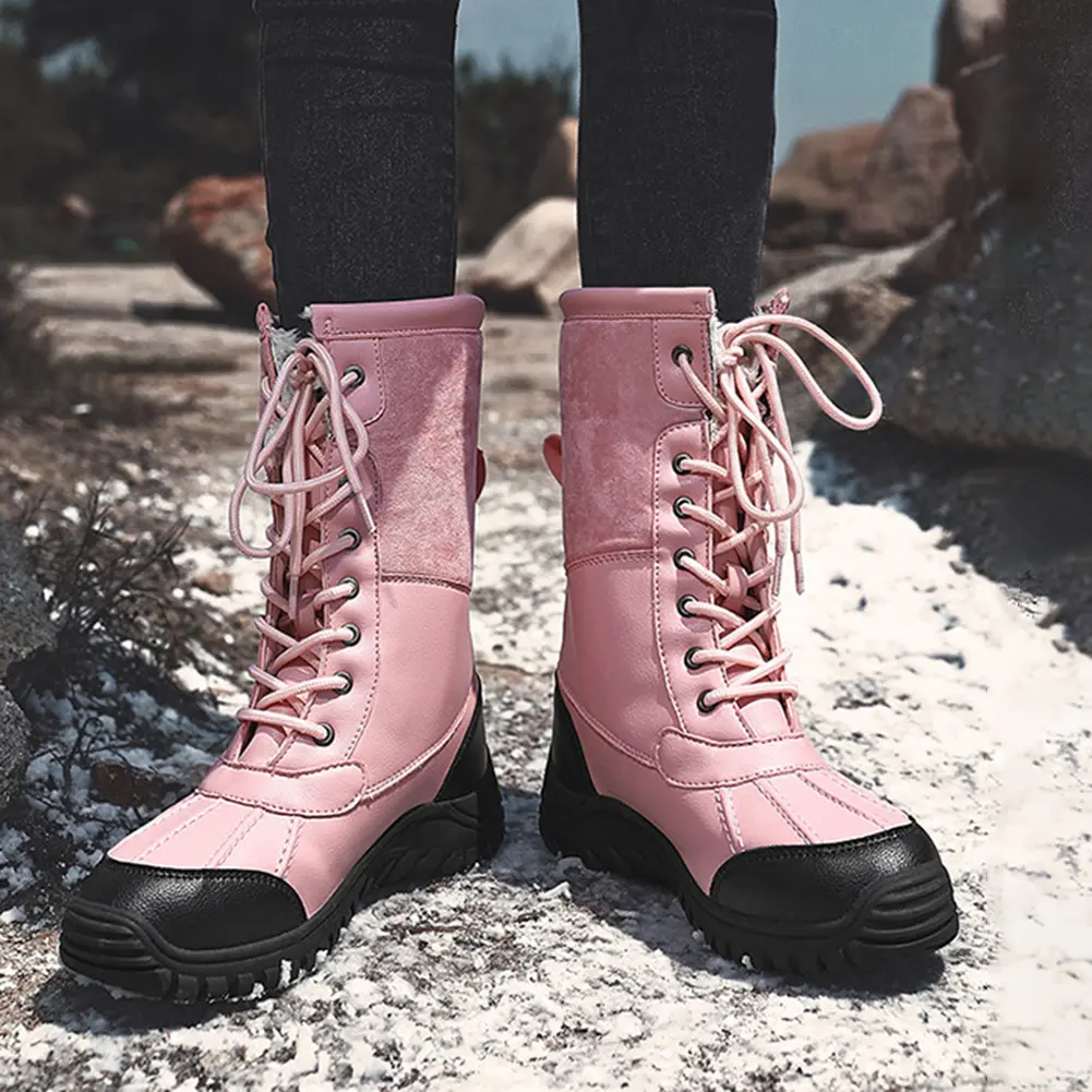 Womens Mid Calf Booties Fur-lined Winter Snow Boots Waterproof Warm Boots Lace Up Shoes for Outdoor