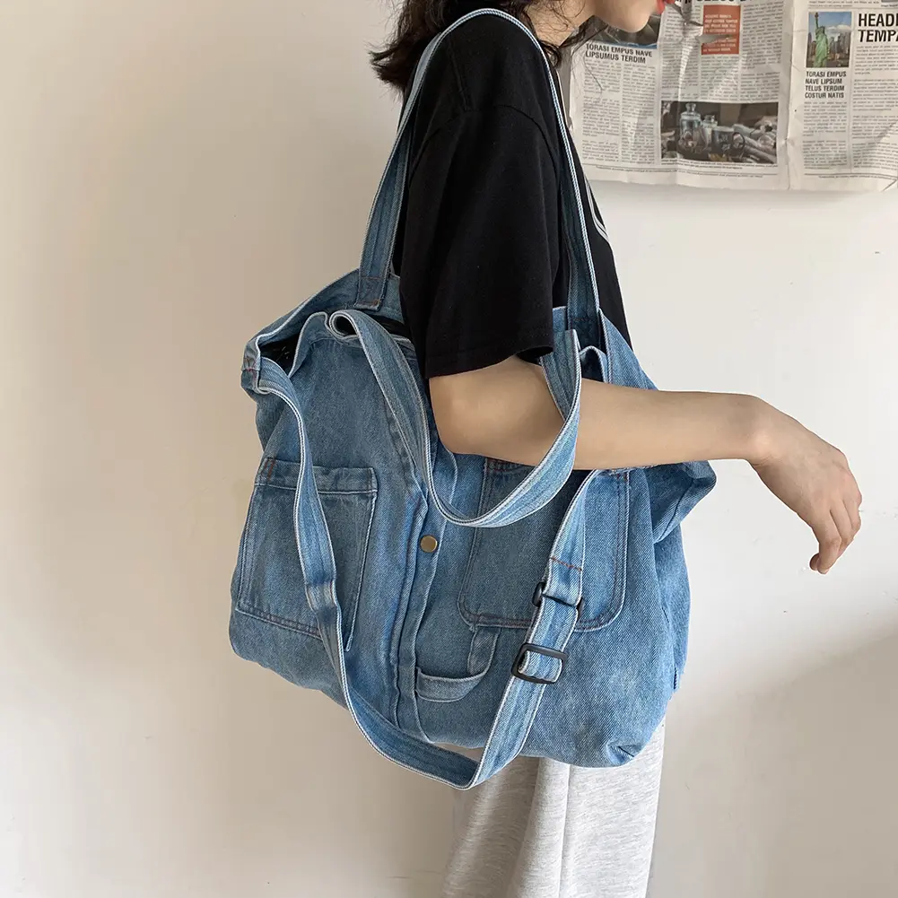 Casual Shoulder Bag Denim Fashion Shoulder Messenger Bag Large Capacity Top-Handle Bag Vintage Pocket for Travel Tote Satchels