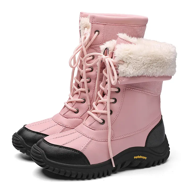 Womens Mid Calf Booties Fur-lined Winter Snow Boots Waterproof Warm Boots Lace Up Shoes for Outdoor