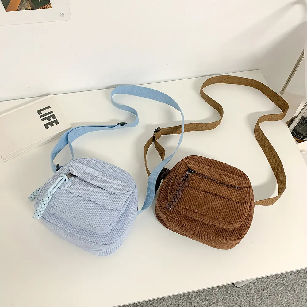 Women Corduroy Crossbody Bag Simple Multi Layer Shoulder Bag Soft Small Square Bag Satchel Hobo Bag Travel Holiday Purse