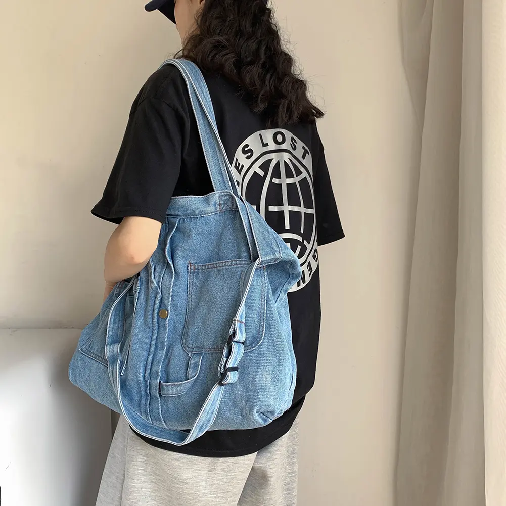 Casual Shoulder Bag Denim Fashion Shoulder Messenger Bag Large Capacity Top-Handle Bag Vintage Pocket for Travel Tote Satchels