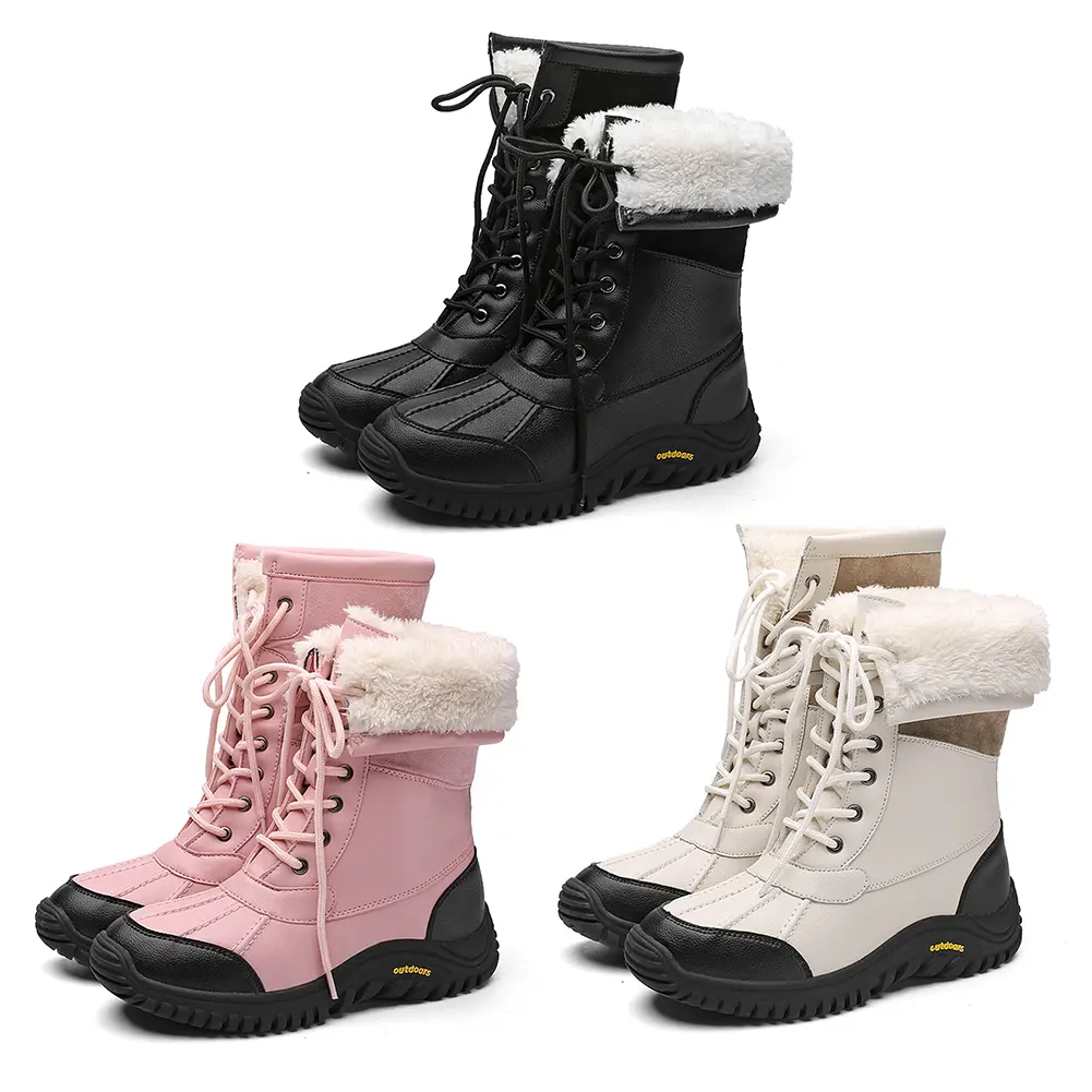 Womens Mid Calf Booties Fur-lined Winter Snow Boots Waterproof Warm Boots Lace Up Shoes for Outdoor