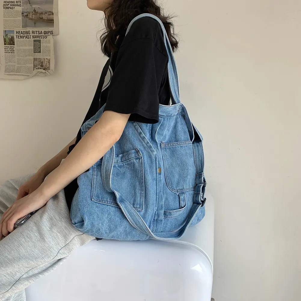 Casual Shoulder Bag Denim Fashion Shoulder Messenger Bag Large Capacity Top-Handle Bag Vintage Pocket for Travel Tote Satchels