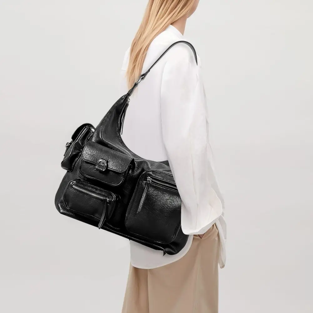 Women Trendy Handbag Large Capacity PU Vintage Underarm Bag Single Shoulder Bag Solid Color Multi-pockets for Shopping Commuting