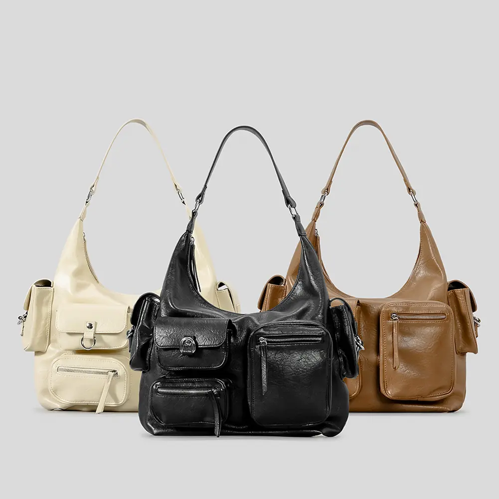 Women Trendy Handbag Large Capacity PU Vintage Underarm Bag Single Shoulder Bag Solid Color Multi-pockets for Shopping Commuting