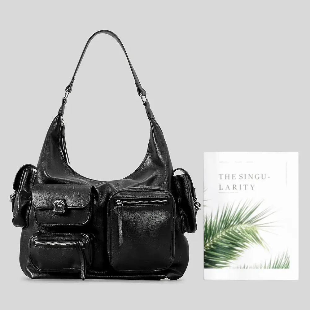 Women Trendy Handbag Large Capacity PU Vintage Underarm Bag Single Shoulder Bag Solid Color Multi-pockets for Shopping Commuting