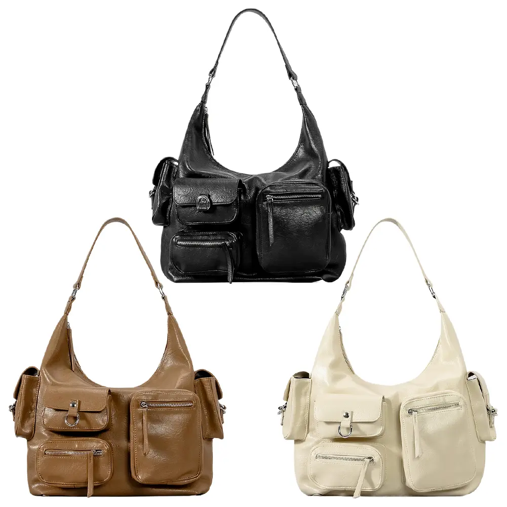 Women Trendy Handbag Large Capacity PU Vintage Underarm Bag Single Shoulder Bag Solid Color Multi-pockets for Shopping Commuting