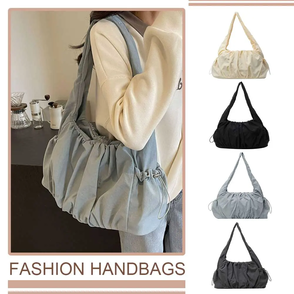 Women Soft Armpit Bag Large Capacity Cloud Pleated Shoulder Bag Casual Handbag Solid Color Multi-pockets for Party Vacation
