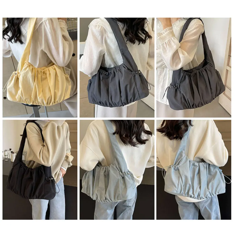 Women Soft Armpit Bag Large Capacity Cloud Pleated Shoulder Bag Casual Handbag Solid Color Multi-pockets for Party Vacation