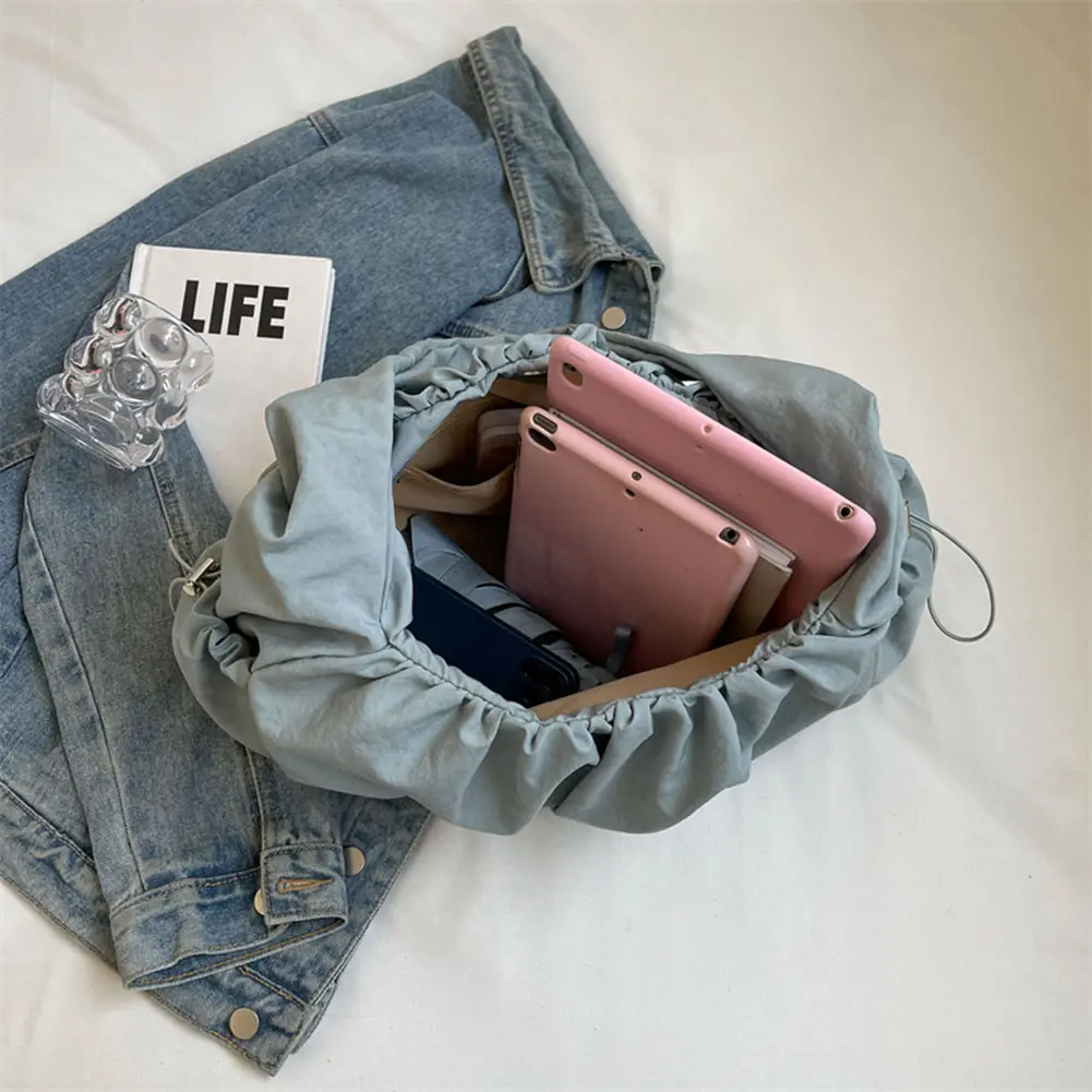 Women Soft Armpit Bag Large Capacity Cloud Pleated Shoulder Bag Casual Handbag Solid Color Multi-pockets for Party Vacation