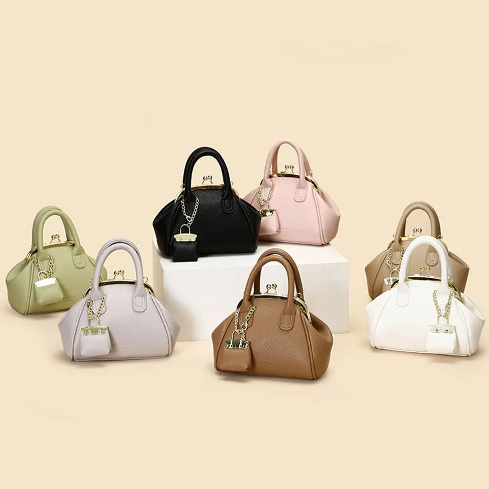 Female Kiss Lock Satchel Bag PU Leather Casual Handbag Large Capacity Retro Crossbody Bag Leisure Bag with Matching Clutch