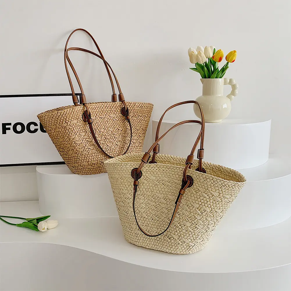 Women Woven Tote Bag Fashion Shoulder Bag Large Capacity Summer Beach Bags Simple Woven Handbag Chic Hobo Bag for Outdoor Travel