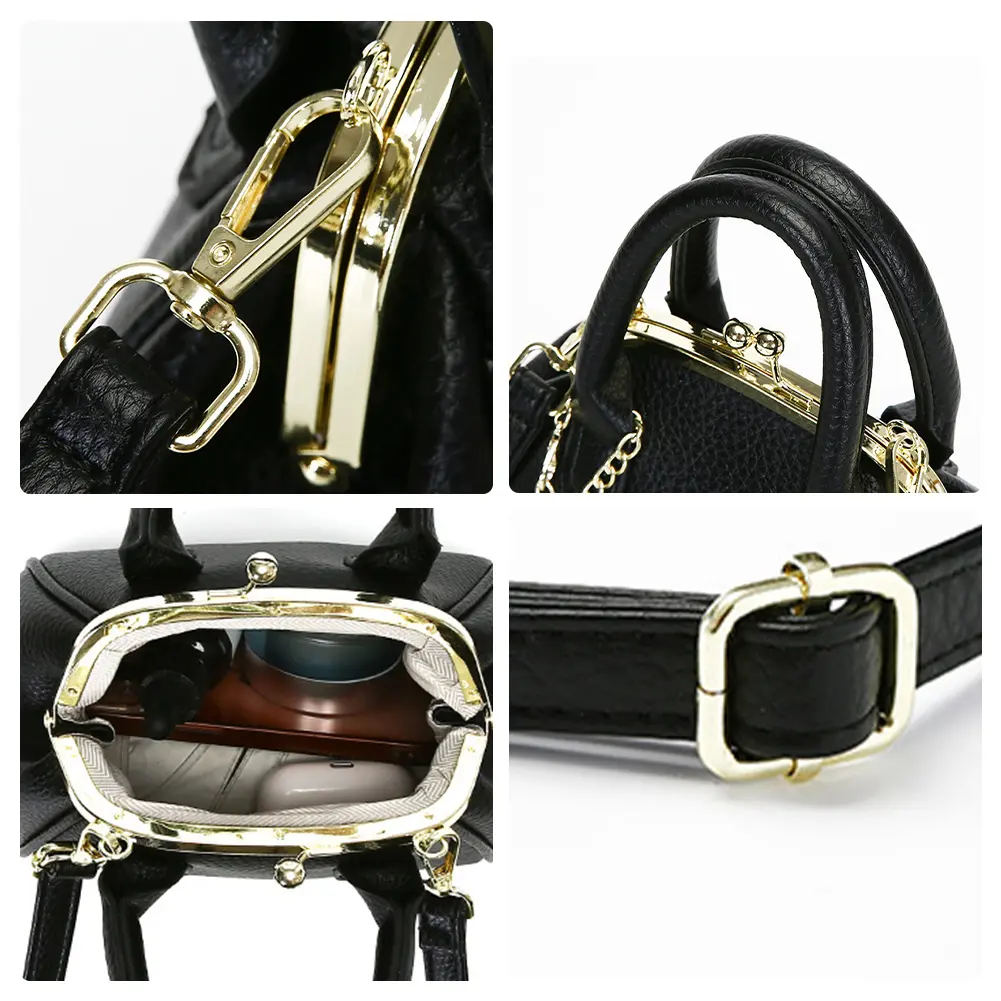 Female Kiss Lock Satchel Bag PU Leather Casual Handbag Large Capacity Retro Crossbody Bag Leisure Bag with Matching Clutch
