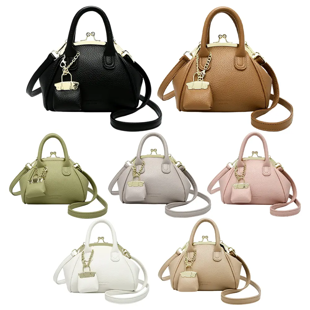 Female Kiss Lock Satchel Bag PU Leather Casual Handbag Large Capacity Retro Crossbody Bag Leisure Bag with Matching Clutch