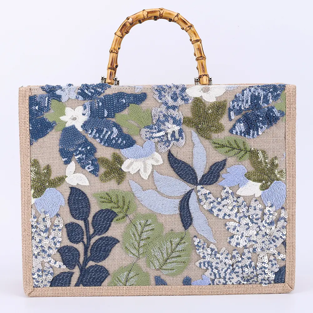 Women Handwoven Tote Bag with Bamboo Handle Sequin Flower Pattern Bag Glitter Flax Straw Tote Handbag Travel Shopping Handbag