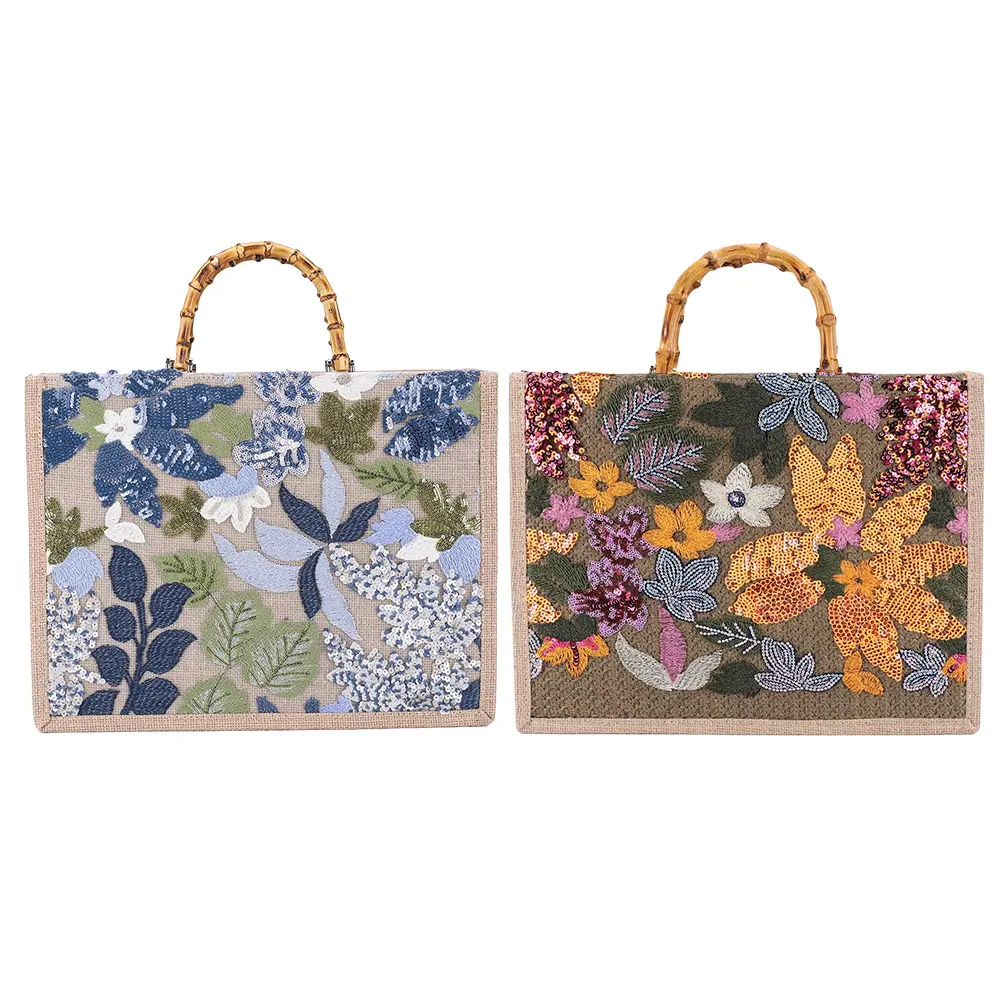 Women Handwoven Tote Bag with Bamboo Handle Sequin Flower Pattern Bag Glitter Flax Straw Tote Handbag Travel Shopping Handbag
