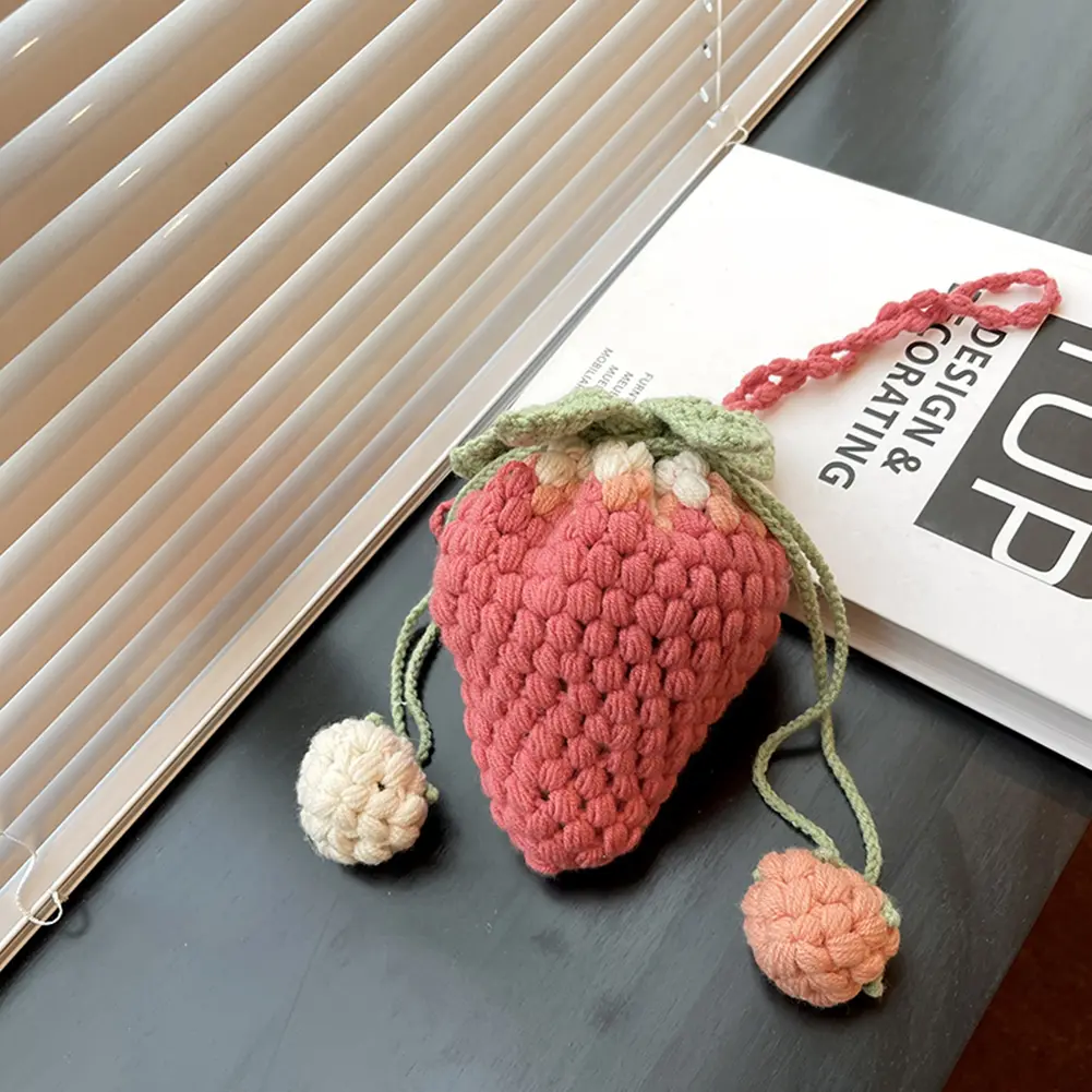 Women Strawberry Crossbody Bag Versatile Coin Key Pouch Casual Adorable Shoulder Bag DIY Cartoon Cute Knit Sling Purse