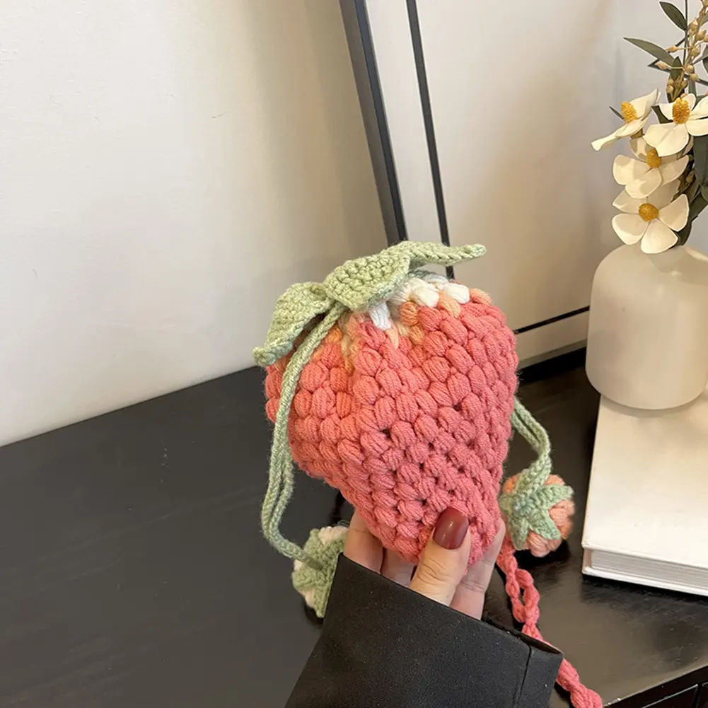 Women Strawberry Crossbody Bag Versatile Coin Key Pouch Casual Adorable Shoulder Bag DIY Cartoon Cute Knit Sling Purse