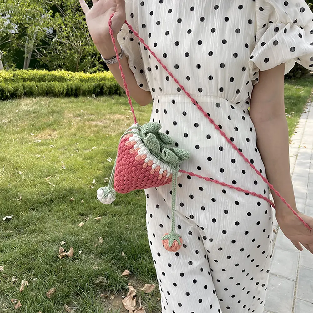 Women Strawberry Crossbody Bag Versatile Coin Key Pouch Casual Adorable Shoulder Bag DIY Cartoon Cute Knit Sling Purse