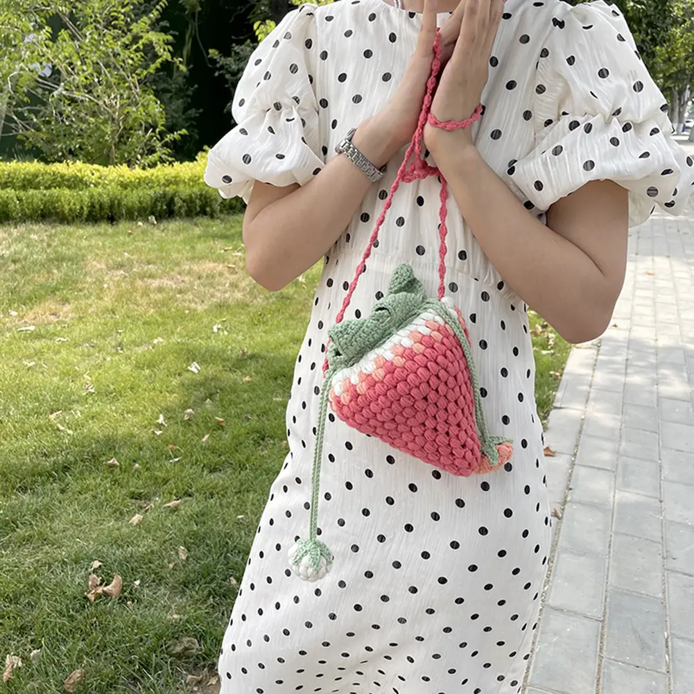 Women Strawberry Crossbody Bag Versatile Coin Key Pouch Casual Adorable Shoulder Bag DIY Cartoon Cute Knit Sling Purse