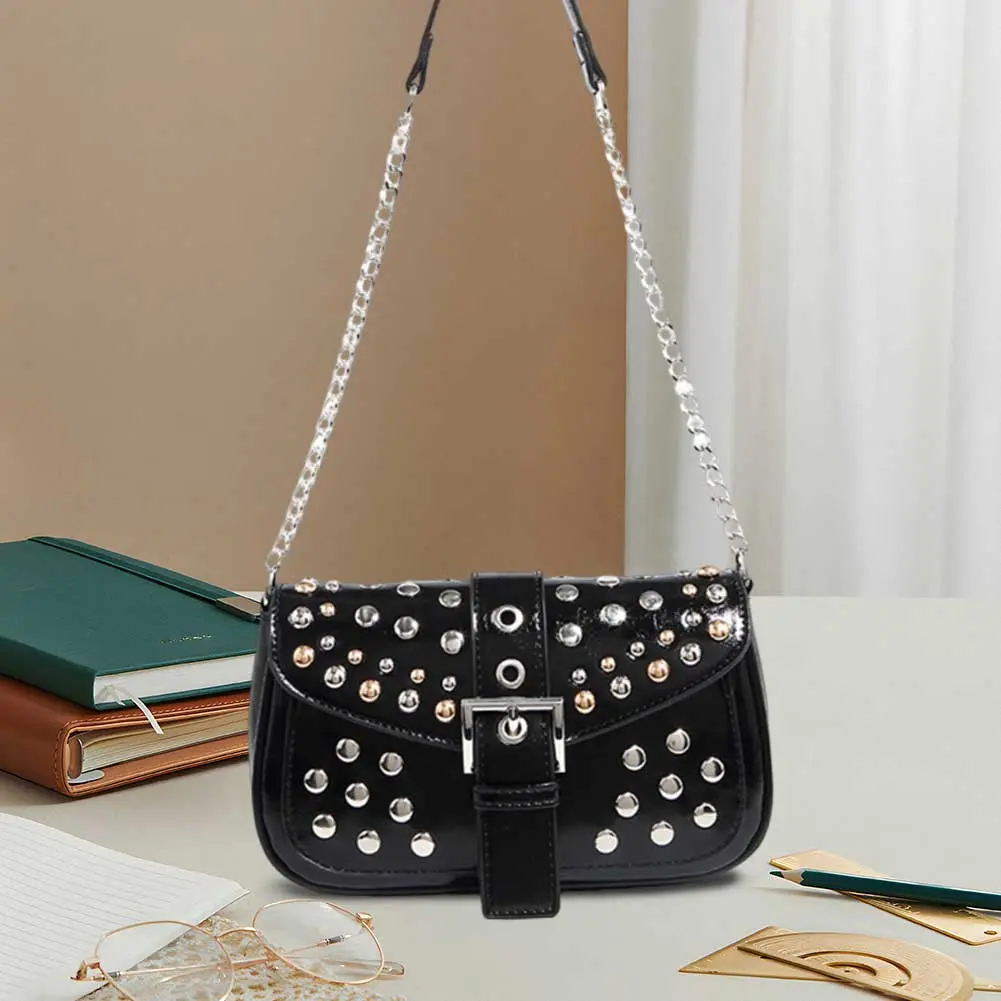 Women Metal Stud Y2k Shoulder Bag with Chain Belt Buckle Handbag PU Leather Retro Crossbody Bag Work Date Travel Bag